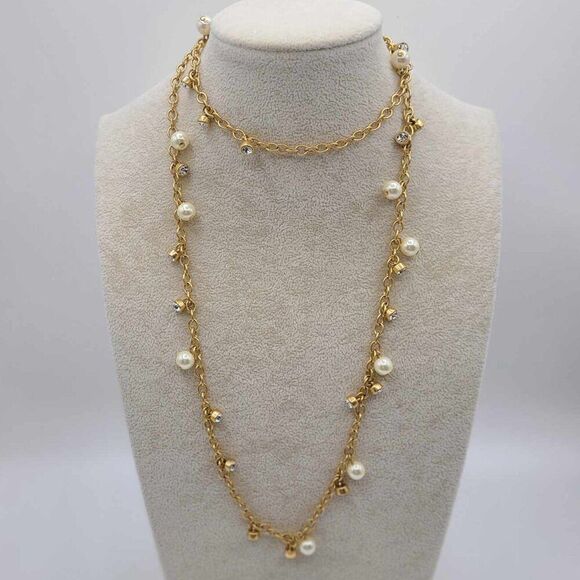 NWOT J Crew Pearl and Clear Crystal Rhinestone Long Necklace - Picture 1 of 6